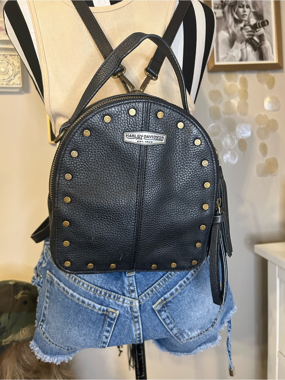 Harley-Davidson Black Pebbled Leather Stud Trim Mini Backpack